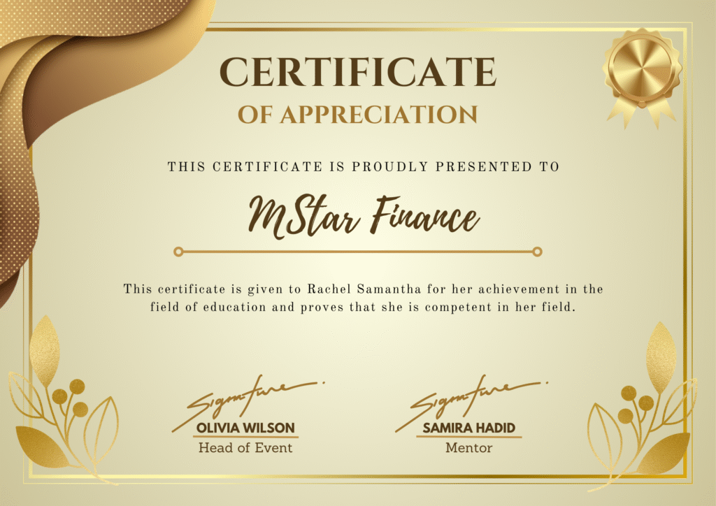 gold and brown elegant professional certificate of appreciation certificate